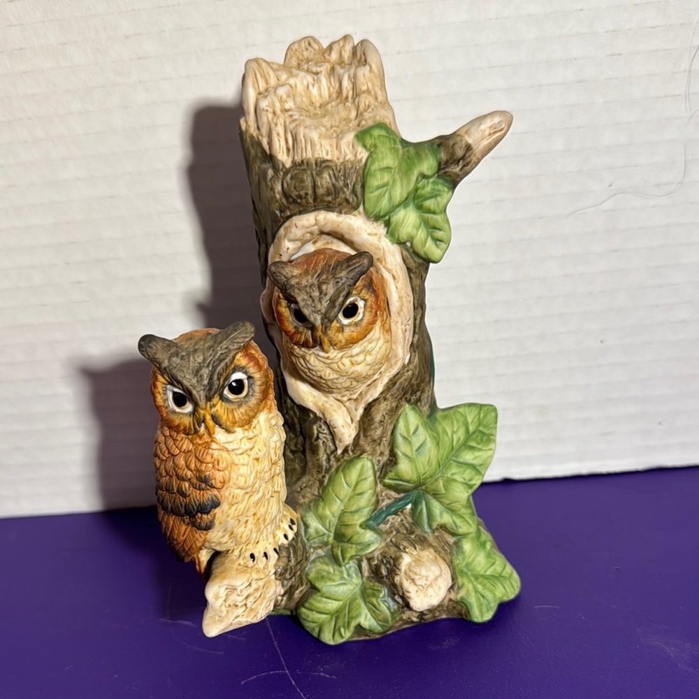 Owl Figurine with Tree and Leaves